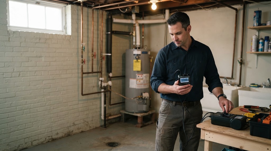 Specialist using a moisture meter to map water damage near a bathroom shower enclosure