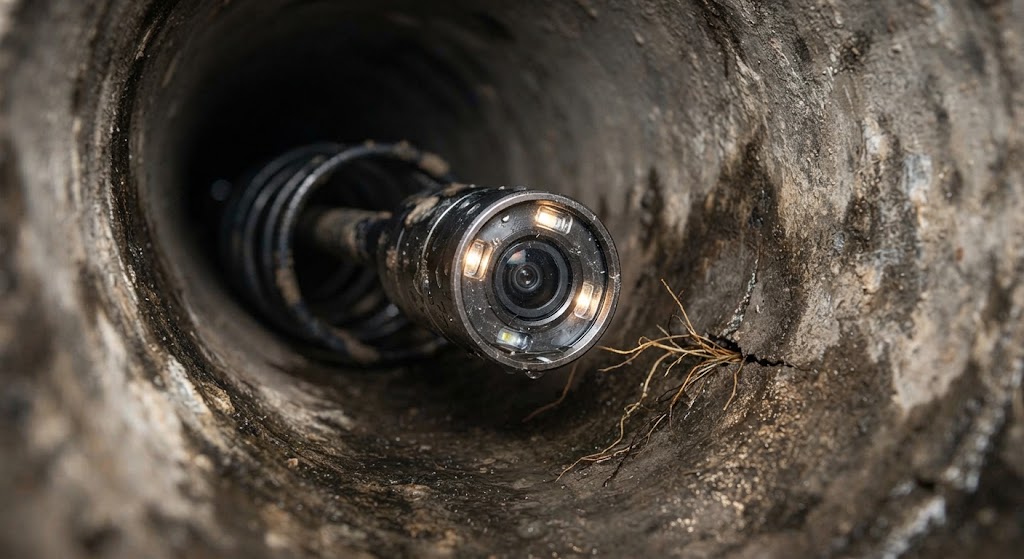 Sewer camera inspection monitor displaying a cracked underground lateral line